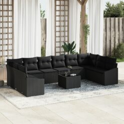 Sodo Sofų Komplektas 11 Dalių Juoda Ratanas ir audinys Lauko Sofa