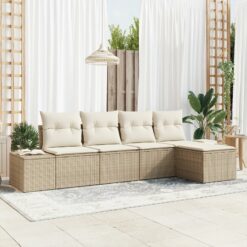 5 dalių Sodo Sofa Komplektas su Pagalvėmis Smėlio Poliruotas Ratanas