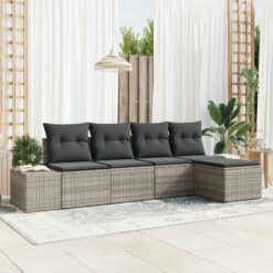 5 dalių sodo sofa komplektas su pagalvėlėmis Šviesiai pilkas poli ratanas