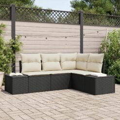 4 dalių sodo sofa komplektas su pagalvėmis Juoda Poly Ratanas