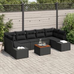8 dalių sodo sofa rinkinys su pagalvėlėmis Juodas Poli ratanas Akacija