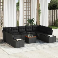 10 dalių sodo sofa komplektas su pagalvėlėmis, juodas poli ratanas ir akacija.