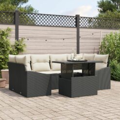 sodo sofų komplektas 7 dalių Juoda sofa su kreminėmis pagalvėlėmis