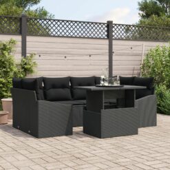 Sodo Sofa Komplektas 7 Dalių Juoda Rotangas
