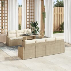 Sodo sofa komplektas 8 dalių Smėlio, Balta Ratanas, Audinys