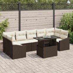 Sodo sofa rinkinys 8 dalių Ruda ir kreminė Ratanas ir poliesteris