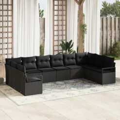 10 dalių sodo sofa su pagalvėlėmis juoda poliratanas, 2 vietų sodo sofa su pagalvėlėmis juoda poliratanas