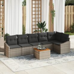 7 dalių sodo sofa komplektas su pagalvėlėmis Pilka Poli Ratanas Akacija