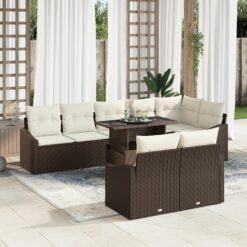 Sodo sofa rinkinys 9 dalių Ruda ir kreminė Ratanas ir audinys
