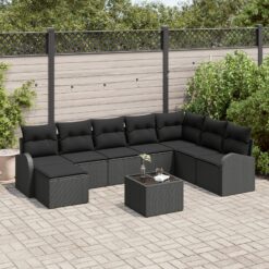 9 dalių Sodo Sofa Rinkinys su Pagalvėmis Juoda Poli Ratanas