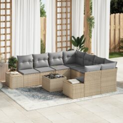 9 dalių sodo sofa komplektas su pagalvėlėmis Smėlio Poli Ratanas