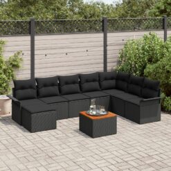 9 dalių sodo sofa rinkinys su pagalvėlėmis Juoda Poli ratanas Akacijos