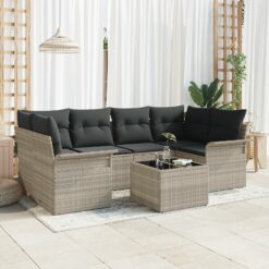 7 dalių sodo sofa komplektas su pagalvėlėmis, šviesiai pilka poli ratanas