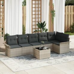 7 dalių sodo sofa komplektas su pagalvėlėmis, pilkas poli ratanas