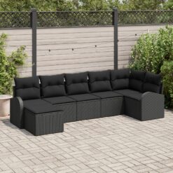 Sodo Sofų Komplektas 7 Dalių Juodas Poliratano Lauko Sofa