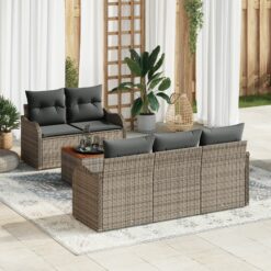 6 dalių sodų sofa su pagalvėlėmis pilkas poliratanas akacija, 2 vietų sodo sofa su pagalvėlėmis pilkas poliratanas