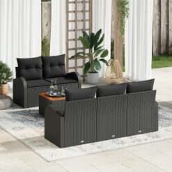 6 Dalių Sodo Sofa Komplektas Su Pagalvėmis Juodas Poli Ratanas Akacija