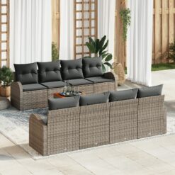 9 dalių sodo sofos komplektas su pagalvėlėmis pilkas Poly Rattan Acacia