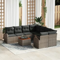9 dalių sodo sofa komplektas su pagalvėlėmis Pilka Poliratanas Akacija