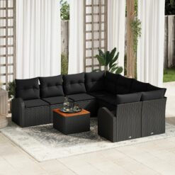 9 dalių sodo sofa rinkinys su pagalvėlėmis Juoda Poli Ratanas
