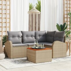 5 dalių sodo sofa komplektas su pagalvėlėmis Beige poli ratanas ir akacija