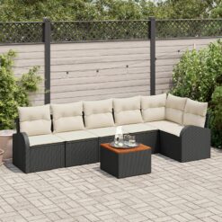 7 dalių sodo sofa komplektas su pagalvėlėmis Juodas Poli ratanas Akacija