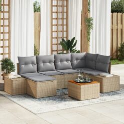 7 dalių sodo sofa komplektas su pagalvėlėmis smėlio poli ratanas akacijos