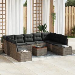 10 dalių Sodo Sofa Rinkinys su Pagalvėlėmis Pilka Poli Ratanas Akacija