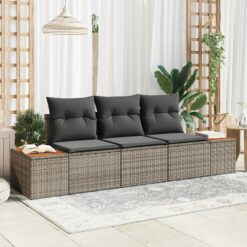 3 dalių Sodo Sofa Komplektas su Pagalvėlėmis Pilka Poli Ratanas Akacija