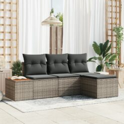 4 Dalių Sodo Sofa Komplektas su Pagalvėlėmis Pilka Poli Ratanas Akacija