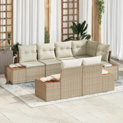 7 dalių Sodo Sofa Komplektas su Pagalvėlėmis Smėlio Poli Ratanas Akacija