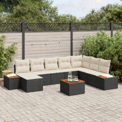 9 dalių sodo sofa komplektas su pagalvėlėmis, Juoda poli ratanas akacijos