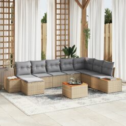 9 Dalių Sodo Sofa Rinkinys su Pagalvėmis Smėlio Poli Ratanas Akacijos