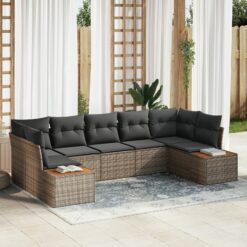 7 Dalių Sodo Sofa Komplektas su Pagalvėmis Pilka Poli Ratanas Akacija