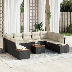 10 dalių sodo sofa komplektas su pagalvėlėmis Juoda Poli ratanas Akacija