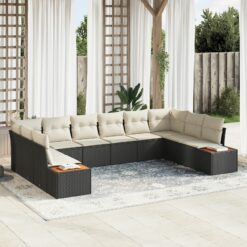 10 dalių sodo sofa rinkinys su pagalvėlėmis Juoda Poliratanas Akacijos