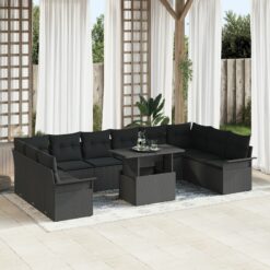 11 dalių sodo sofa setas su pagalvėmis juodas poli ratanas