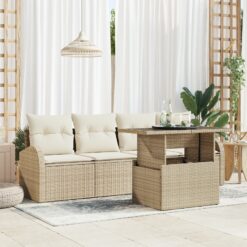 5 dalių sodo sofa rinkinys su pagalvėlėmis, kreminė poli ratanas