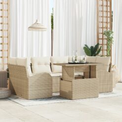 7 dalių sodo sofa komplektas su pagalvėmis, kreminė poli ratanas