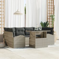 7 Dalių Sodo Sofa Rinkinys su Pagalvėlėmis Šviesiai Pilkas Poli Ratanas