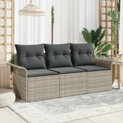 3 dalių sodo sofa komplektas su pagalvėmis Šviesiai pilka Poli ratanas, 2 vietų sodo sofa su saugykla ir pagalvėmis Šviesiai pilka Poli ratanas