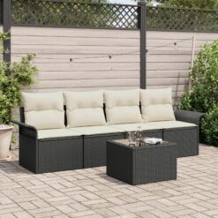 5 dalių sodo sofa rinkinys su pagalvėmis juodas poli ratanas, 2-vietė sodo sofa su saugojimu ir pagalvėmis juodas poli ratanas
