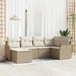 6 dalių sodo sofa rinkinys su pagalvėmis smėlio poli ratanas, 2 vietų sodo sofa su saugojimu ir pagalvėmis smėlio poli ratanas