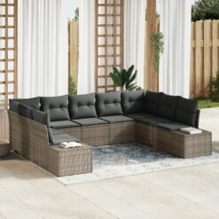9 Dalių Sodo Sofa Komplektas su Pagalvėmis Pilka Poli Ratanas