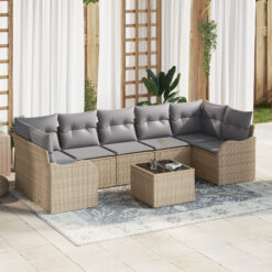 8 Dalių Sodo Sofa Komplektas su Pagalvėlėmis Smėlio Poli Ratanas, 2-vietė Sodo Sofa su Pagalvėlėmis Smėlio Poli Ratanas