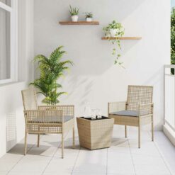 3 dalių sodo bistro komplektas su pagalvėlėmis, smėlio spalvos, iš poli ratanas