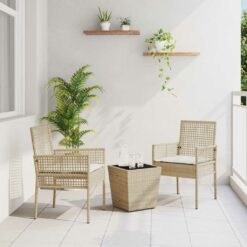 3 dalių sodo bistro komplektas su pagalvėlėmis kreminės spalvos poli ratanas