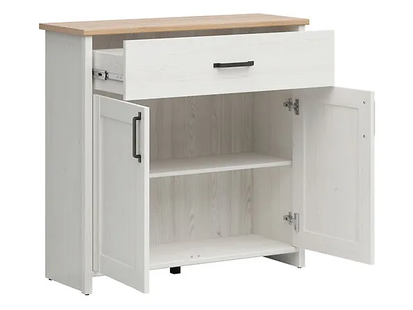 BA-IK100586-3 Balta komoda 2D1S su stalčiumi ir durelėmis