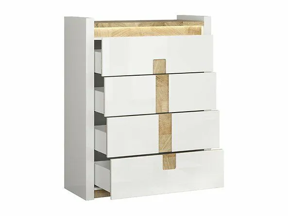 BA-IK100698-3 Moderni balta komoda 4 stalčių su medžio detalėmis