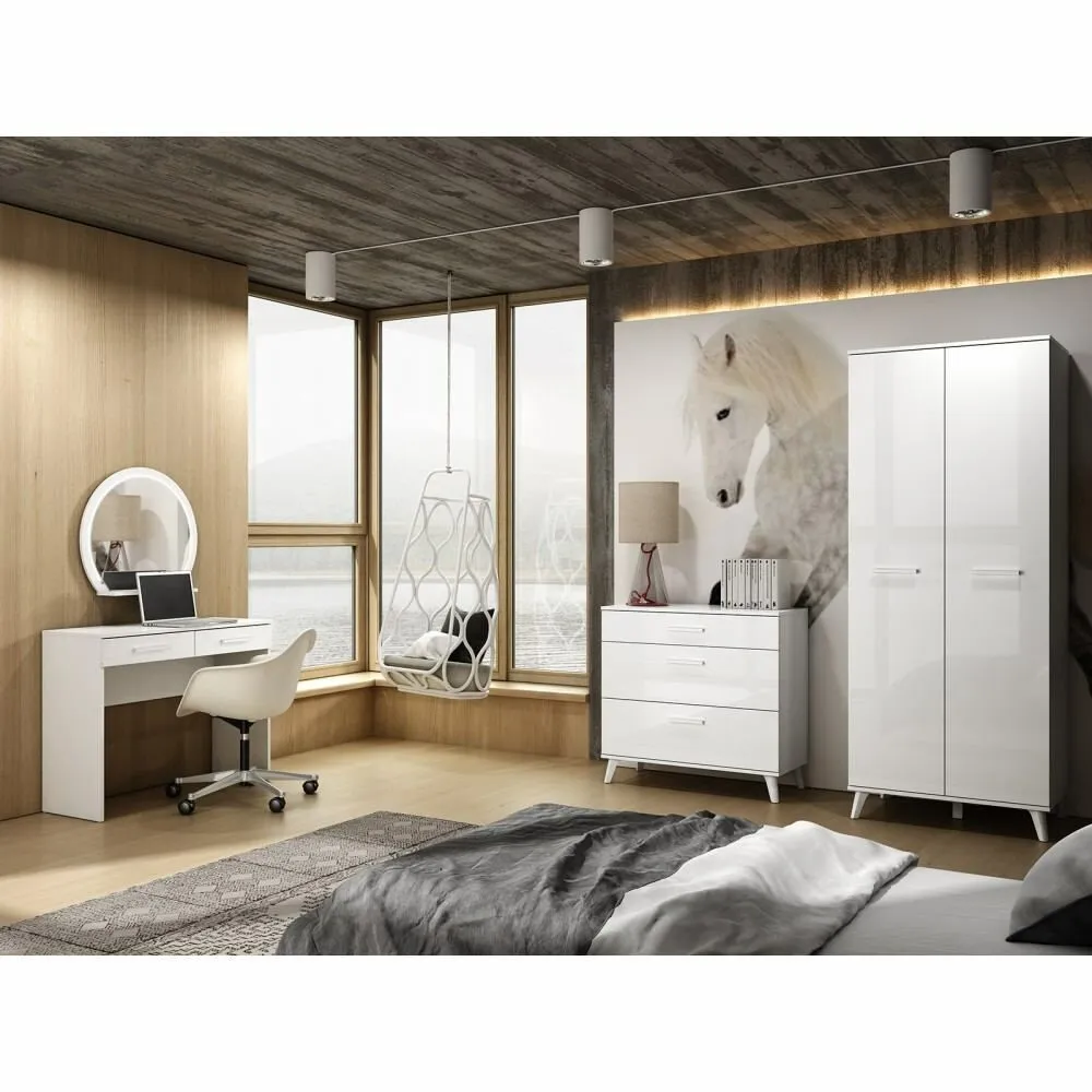 BA-SG102342-4 Balta komoda SECCO su medinėmis kojelėmis ir stalčiais